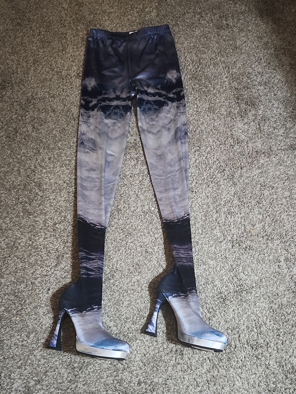 Printed Stretch Leggings in Blue and Gray
